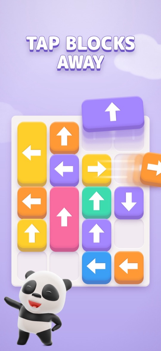 A board of coloured blocks with arrows; one block flies off the board